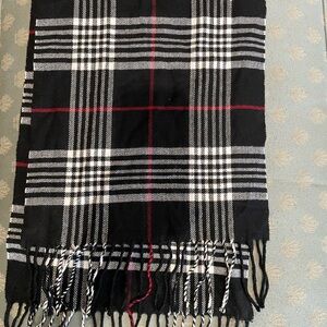 Cashmere 76” long x 12” Classic Black, White Red Plaid Scarf Made in Scotland